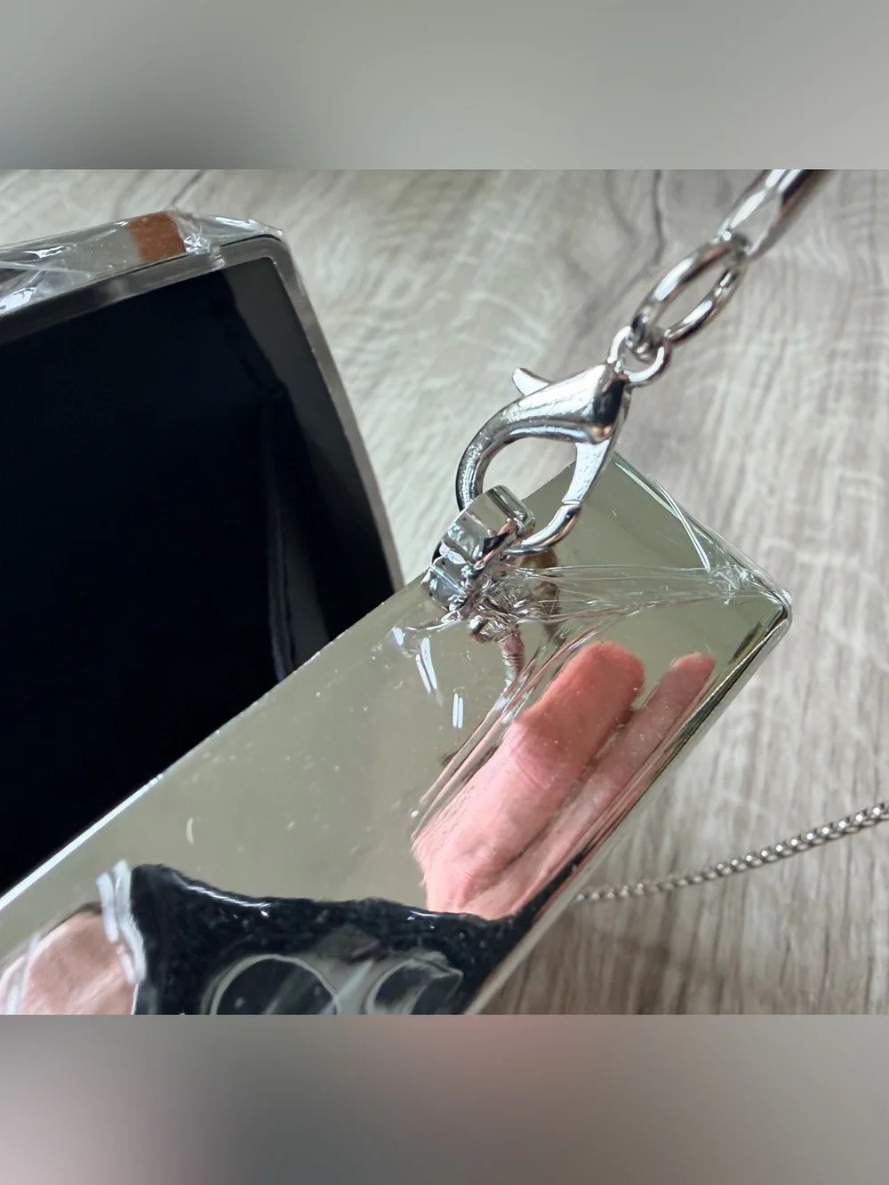 SEALED Source Unknown Silver Chanel Crystal Inset Perfume Bottle Clutch on Chain